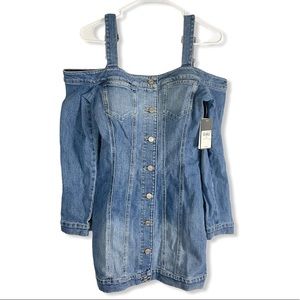 NWT Guess Halcyon Cold Shoulder Denim Mini Dress Bodycon Sz S Button Front
